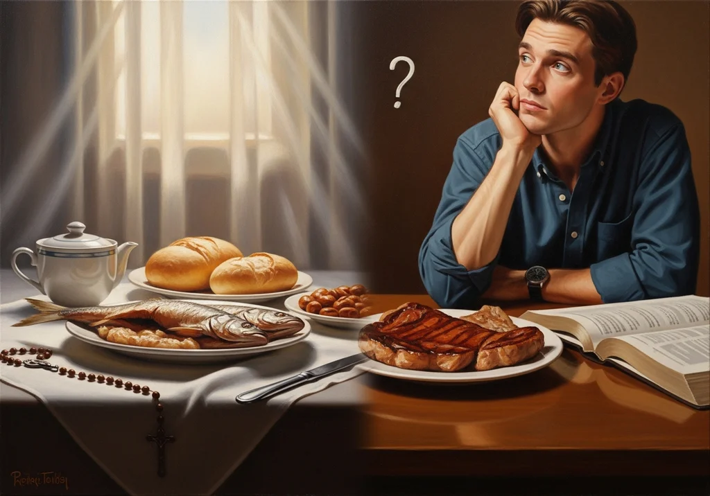 Piotr Tomaszewski zastanawia się nad postem, przed nim ryby i chleb, a po drugiej stronie mięso i książka.