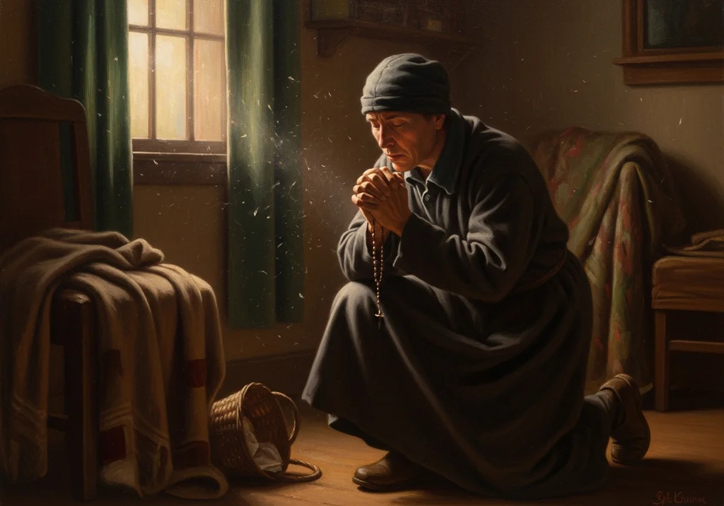 Mężczyzna klęczy w modlitwie, trzymając w dłoniach różaniec, otoczony kurzem unoszącym się w świetle okna.