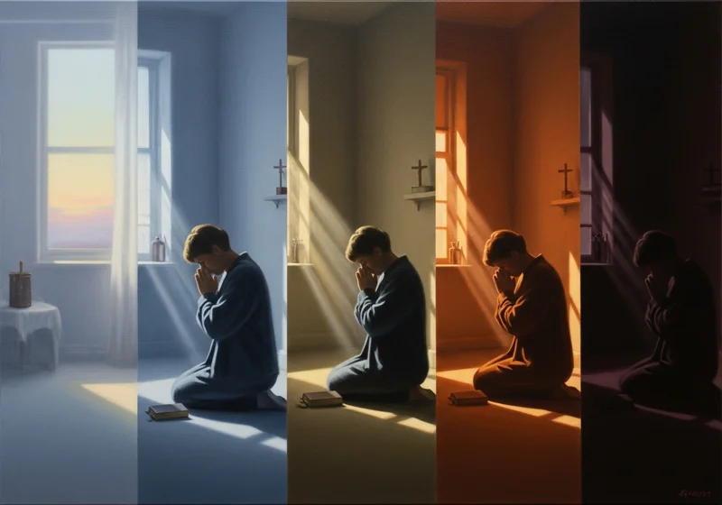 Chłopiec modli się o wschodzie słońca, w ciągu dnia i o zmierzchu.