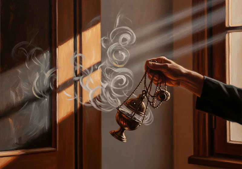 Dłoń trzyma kadzielnicę, z której unosi się dym, wpadający w promienie słońca.