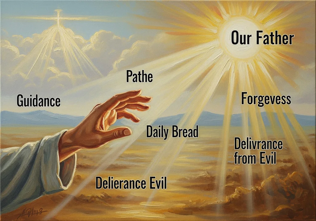 Obraz symbolizuje prośby z modlitwy "Ojcze Nasz", w tym błogosławieństwo, przewodnictwo i przebaczenie od "naszego Ojca".