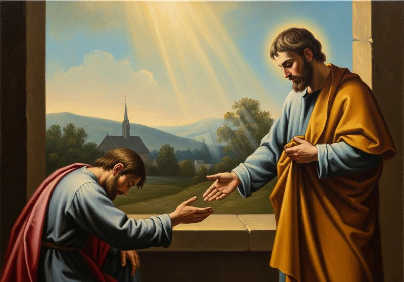 Jezus wyciąga rękę do klęczącego, który prosi o przebaczenie.