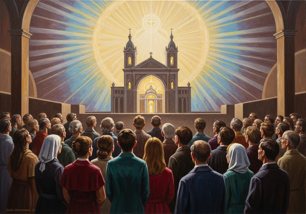 Obraz: Tłum wiernych wpatrzony w jasną, promieniującą budowlę sakralną.