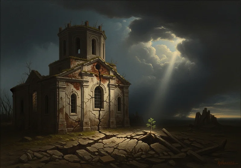 Zniszczona cerkiew, pęknięta ziemia, promień światła i młode drzewko.