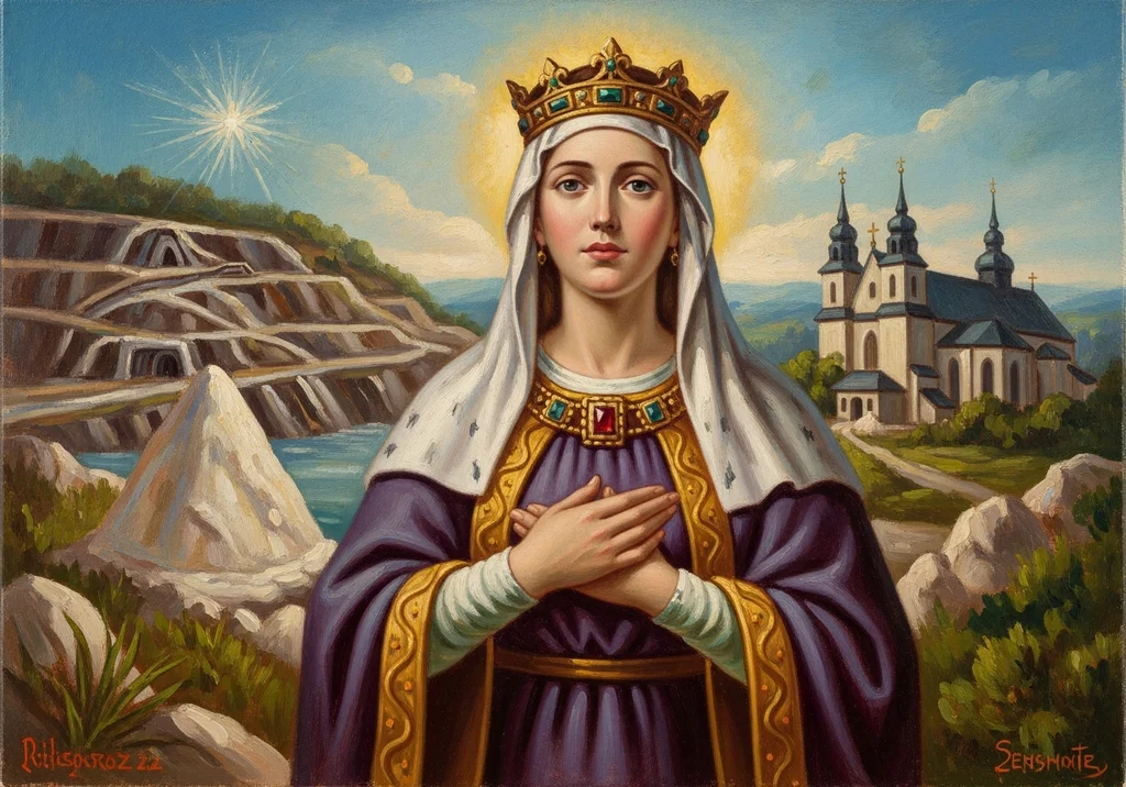 Obraz Świętej Kingi w koronie, z kościołem w tle i kopalnią soli po lewej.