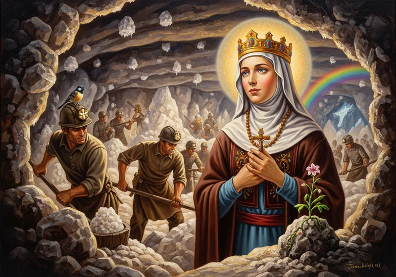 Św. Kinga z koroną i krzyżem nad górnikami w kopalni soli.