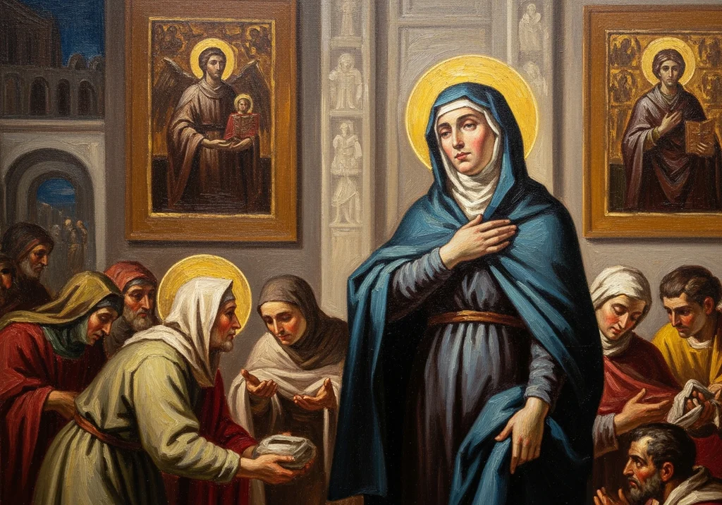 Obraz przedstawia scenę religijną z Maryją w centrum i grupą ludzi wokół.