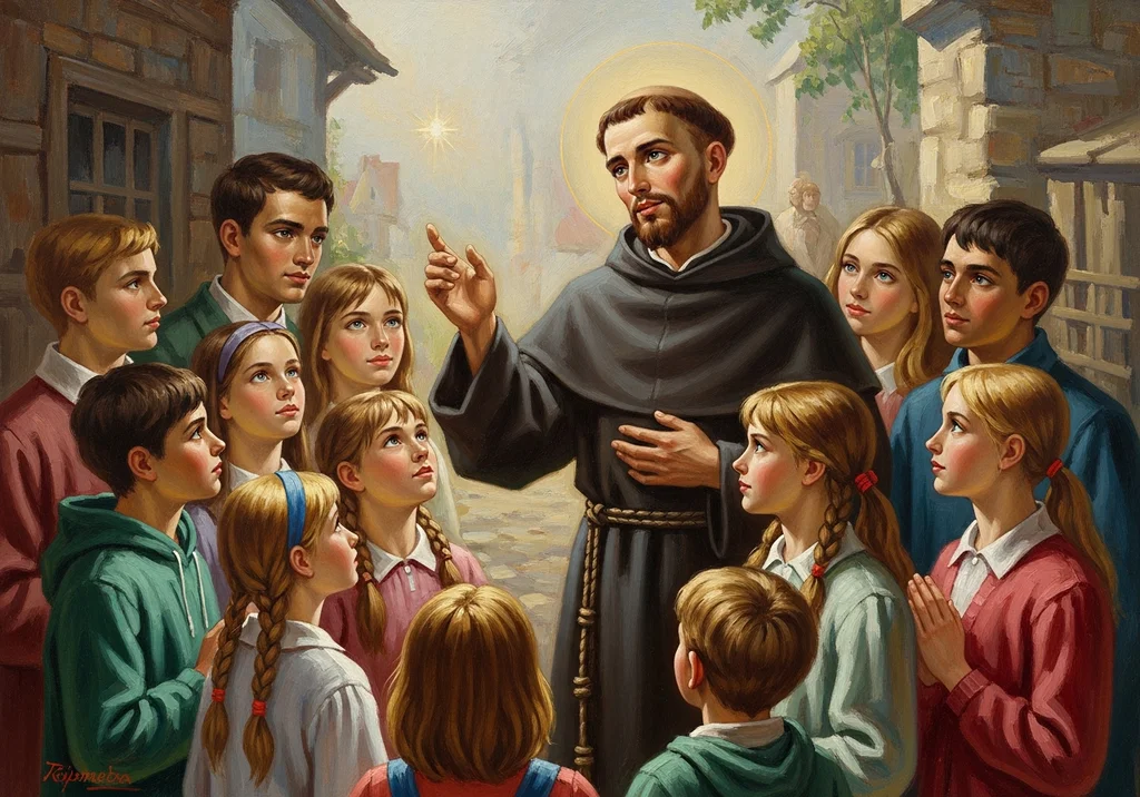 Św. Stanisław Kostka naucza dzieci i młodzież, wskazując na gwiazdę.