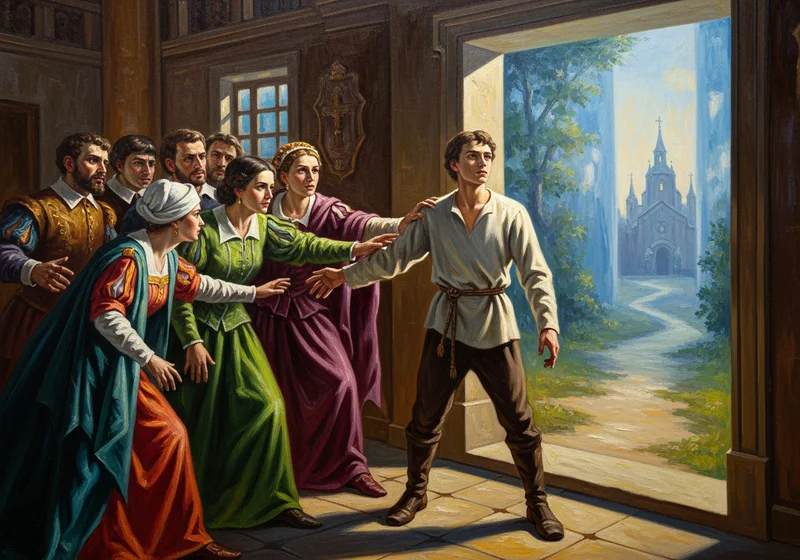 Młody Stanisław Kostka wychodzi z domu, podczas gdy rodzina próbuje go zatrzymać.