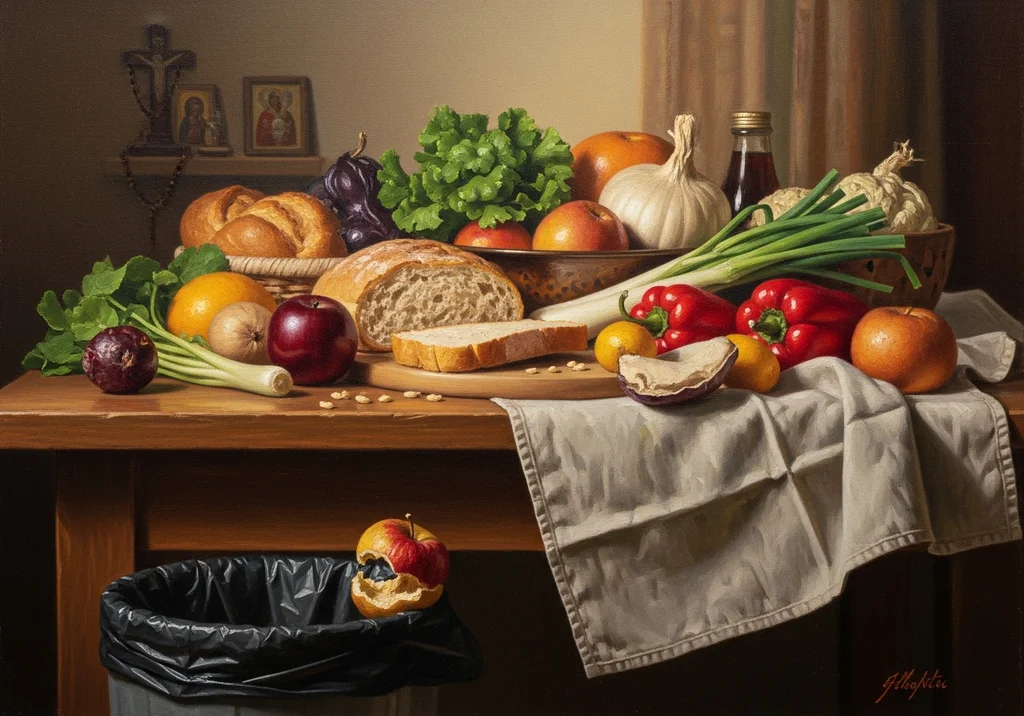 Martwa natura z jedzeniem na stole i jabłkiem w śmietniku, symbolizującym marnotrawstwo.