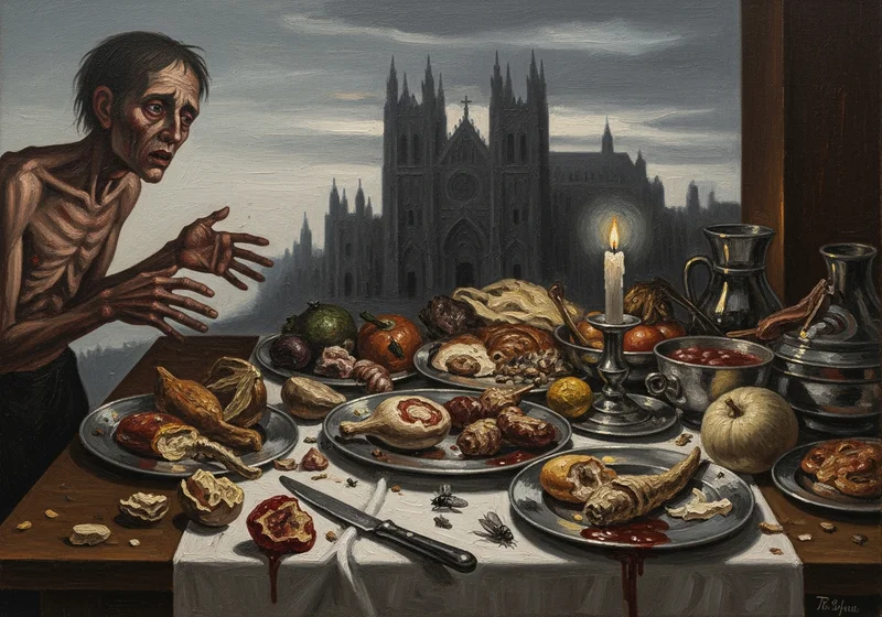 Wychudzona postać patrzy na stół z przepełnionym jedzeniem, podczas gdy katedra w tle jest mroczna.