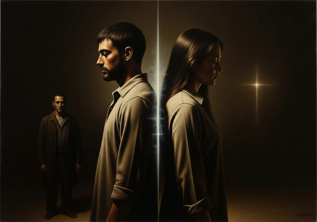 Dwoje ludzi odwróconych do siebie plecami, rozdzielonych światłem.