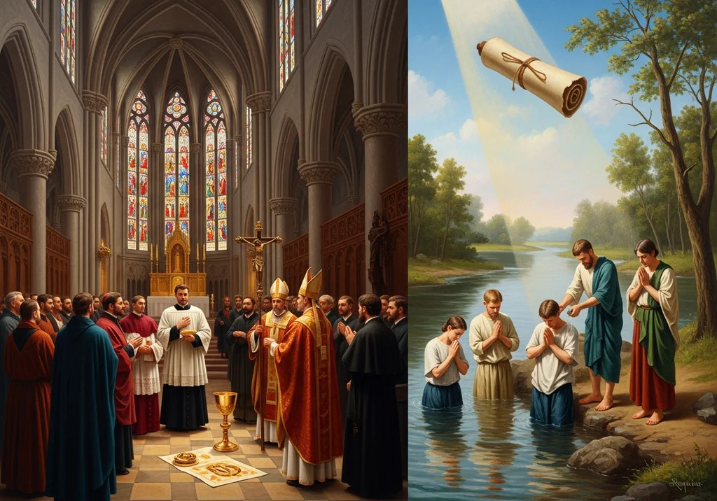 Zestawienie: uroczysta msza katolicka w katedrze oraz chrzest dorosłych w rzece, symbolizujący zasadę Sola Scriptura.