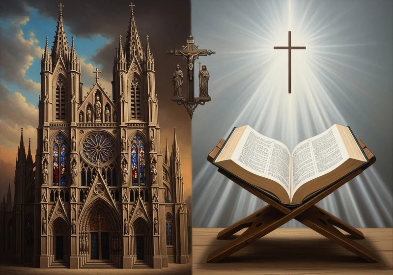 Katedra katolicka obok otwartej Biblii podświetlonej krzyżem, symbolizująca odmienne źródła autorytetu wiary.