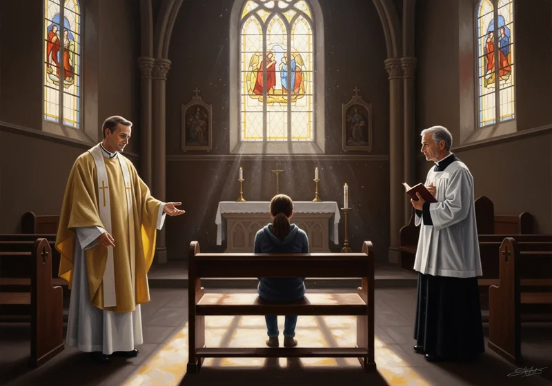Osoba siedząca w kościelnej ławce w obecności dwóch księży w szatach liturgicznych, ilustrująca duszpasterską opiekę.