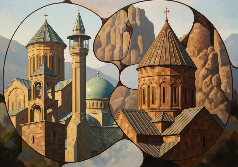 Artystyczne zestawienie gruzińskiej cerkwi, minaretu i meczetu na tle gór, symbolizujące wielokulturowość Gruzji.