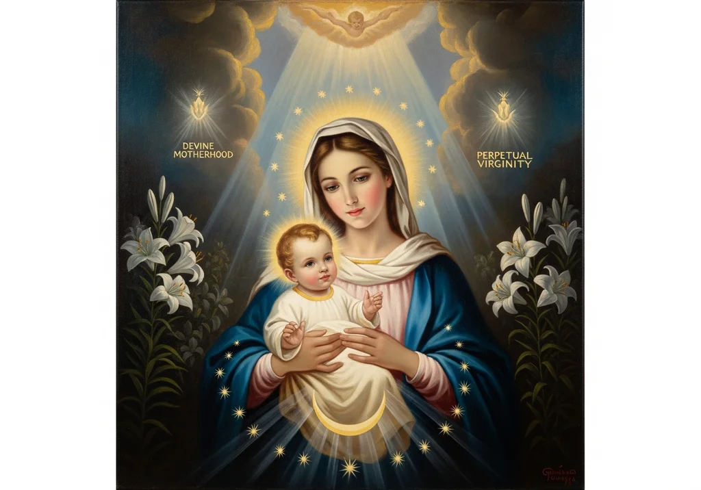 Maryja z Dzieciątkiem Jezus, otoczona liliami i gwiazdami, z napisami „Divine Motherhood” i „Perpetual Virginity”.