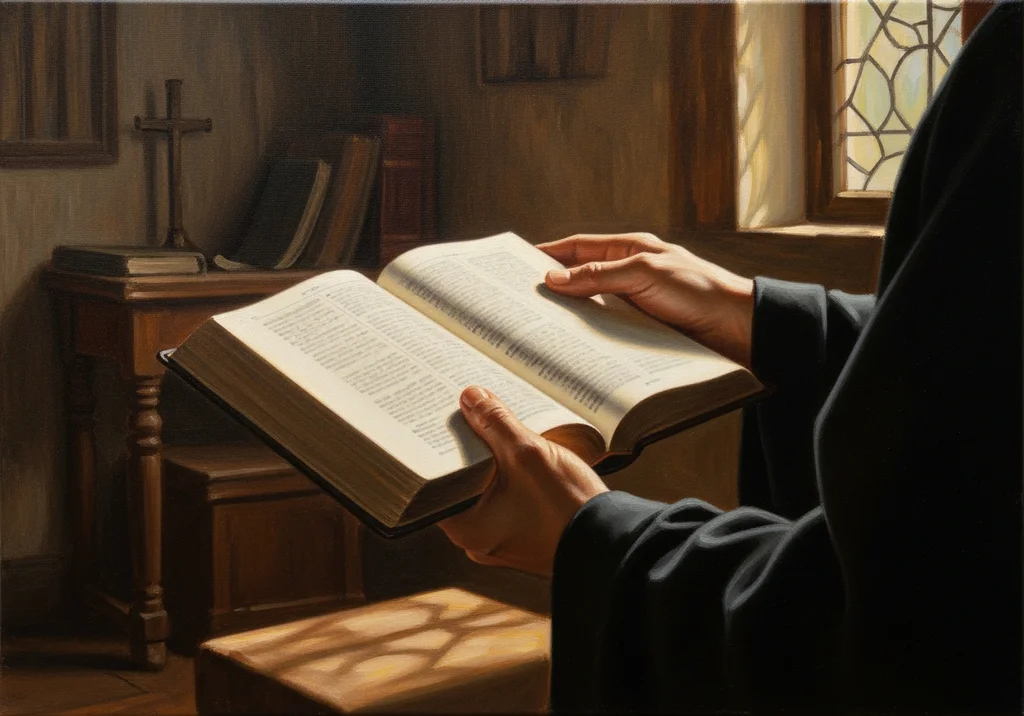 Osoba w czarnym habicie czytająca otwartą Biblię w zacisznym, oświetlonym słońcem wnętrzu.
