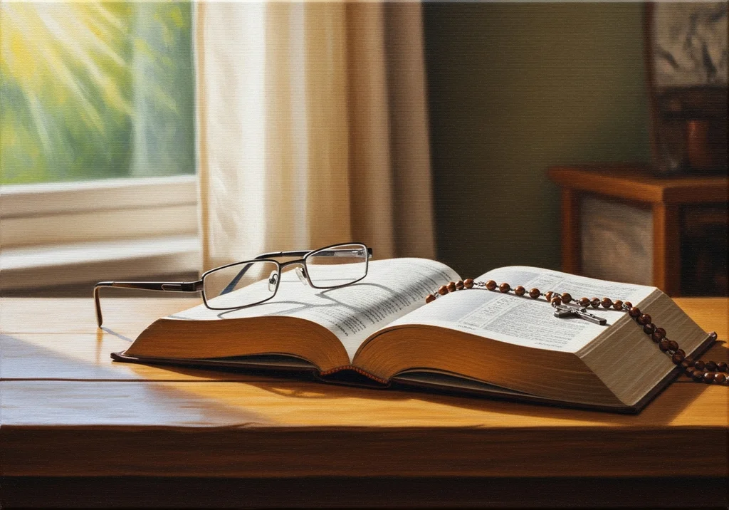 Otwarta Biblia leżąca na drewnianym stole w świetle słonecznym, obok okularów i drewnianego różańca.