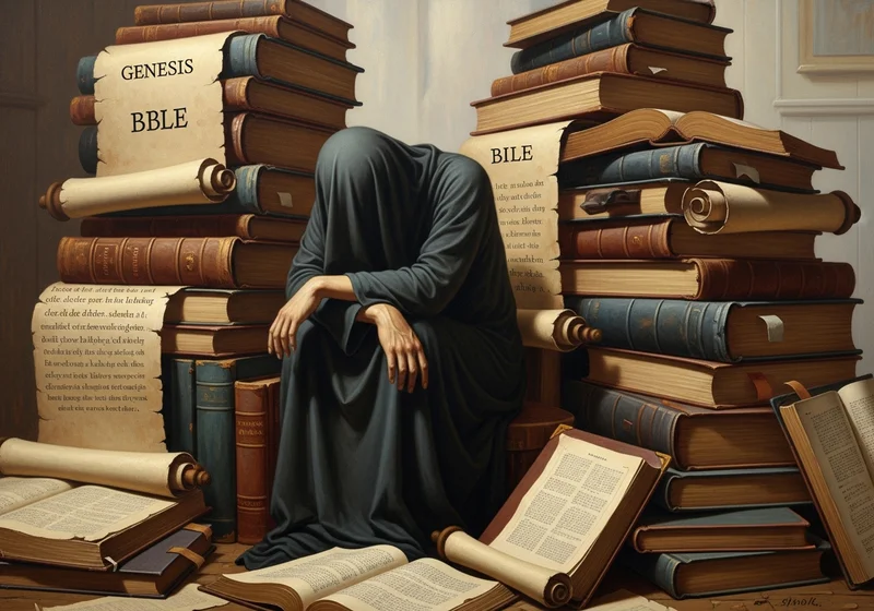 Zniechęcona osoba siedząca wśród stosów ksiąg, symbolizująca przytłoczenie lekturą Biblii od deski do deski.