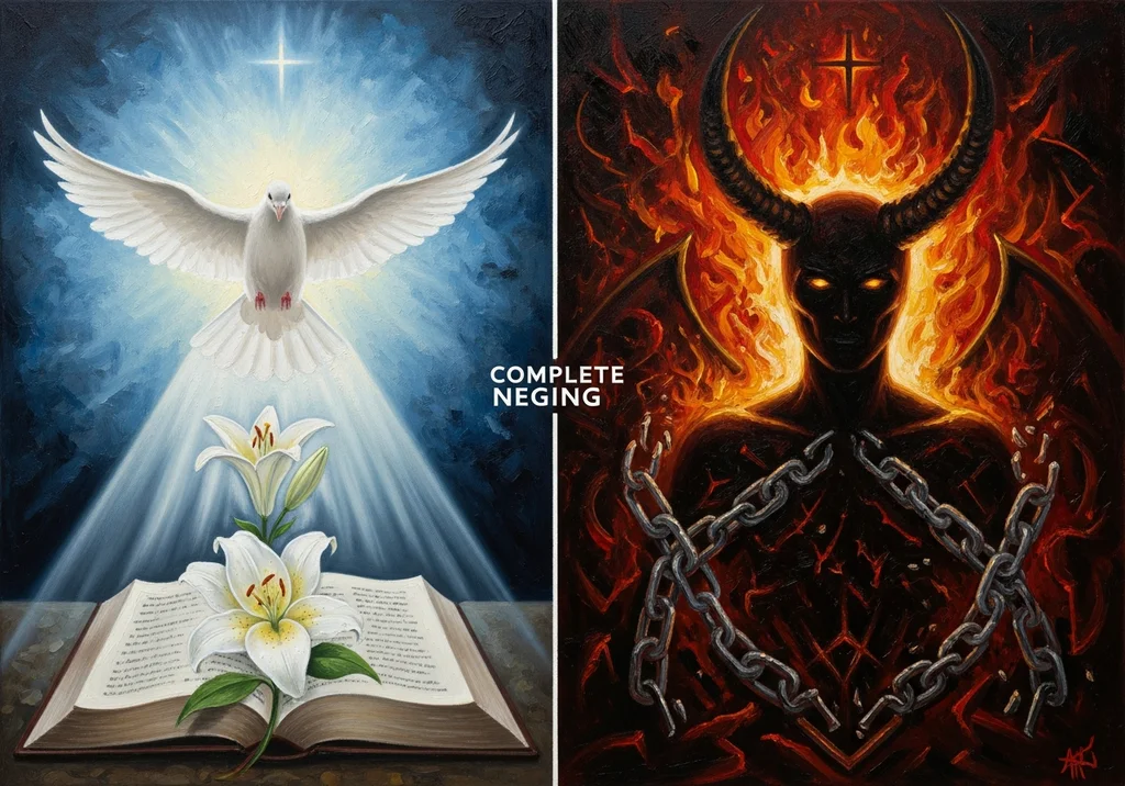 Kontrastujące zestawienie: po lewej gołębica z Biblią i liliami, po prawej zakuty w łańcuchy demon w płomieniach.