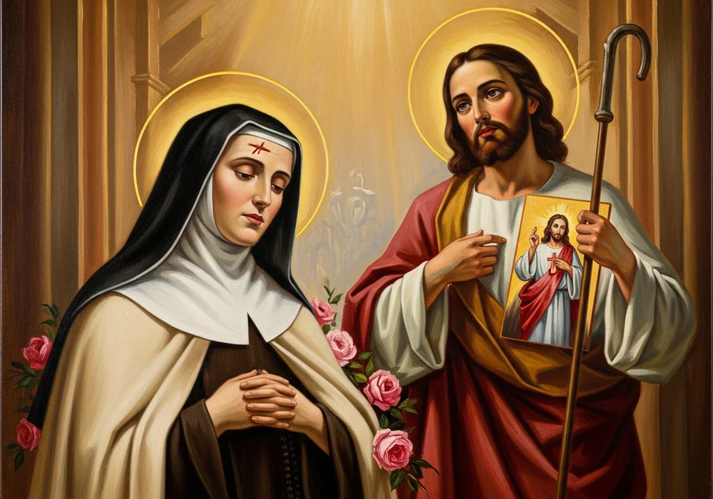 Święta Rita z różami oraz Jezus Chrystus z pastorałem i obrazkiem przedstawiającym siebie w szatach z krzyżem.