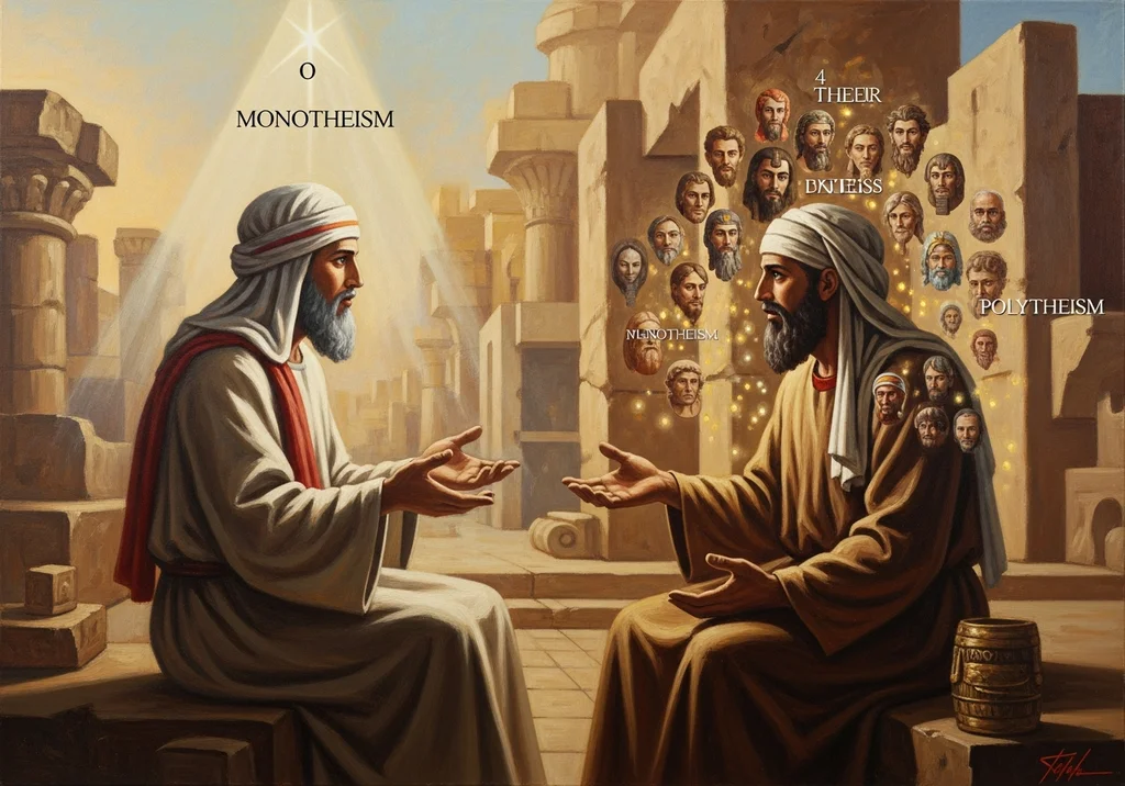 Dialog dwóch mężczyzn w starożytnej scenerii, symbolizujący różnice między monoteizmem a politeizmem.
