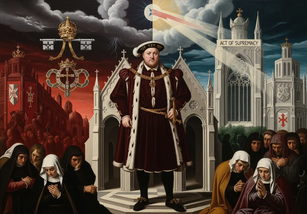 Henryk VIII na tle symbolicznego podziału: od katolickiego Rzymu po ustanowienie Aktu Supremacji w Anglii.