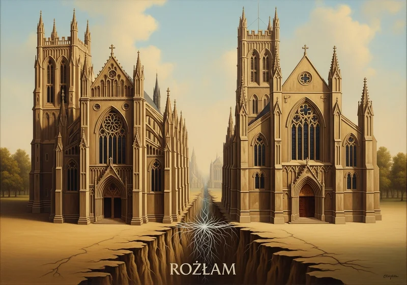 Dwie gotyckie katedry przedzielone głęboką szczeliną w ziemi, symbolizującą podział religijny, z napisem ROZŁAM na dole.