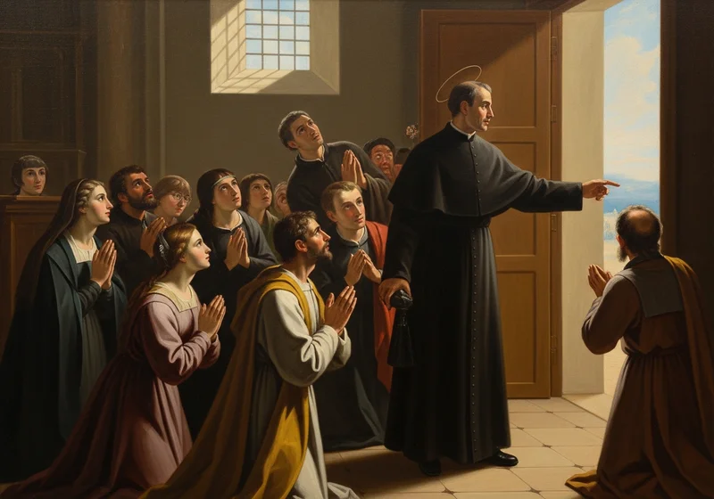 Św. Alfons Maria Liguori wskazujący kierunek modlącym się wiernym, symbolizujący duchowe prowadzenie w wierze.
