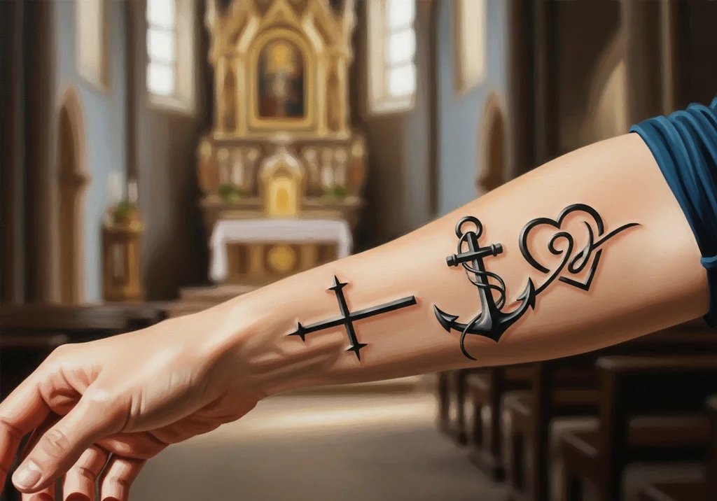 Tatuaż na przedramieniu przedstawiający krzyż, kotwicę i serce jako symbole wiary, nadziei i miłości w kościele.