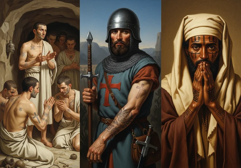 Tryptyk ukazujący chrześcijańskie tatuaże jako historyczne symbole tożsamości: modlących się wyznawców, rycerza i pielgrzyma.