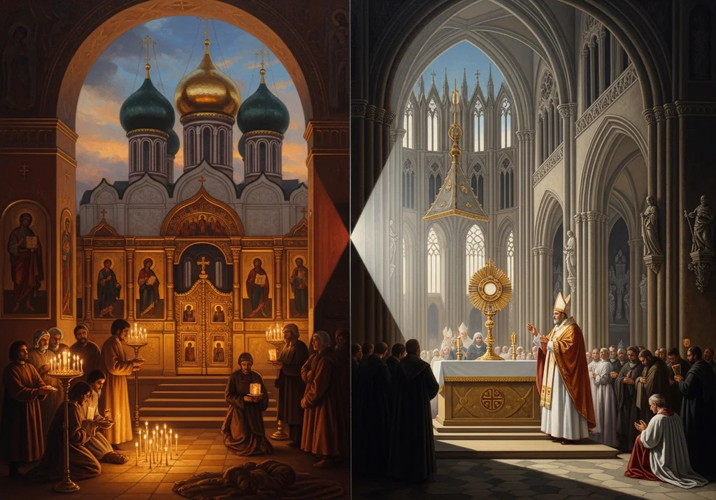 Porównanie prawosławnej liturgii w ozdobnej cerkwi z katolicką adoracją Najświętszego Sakramentu w gotyckiej katedrze.