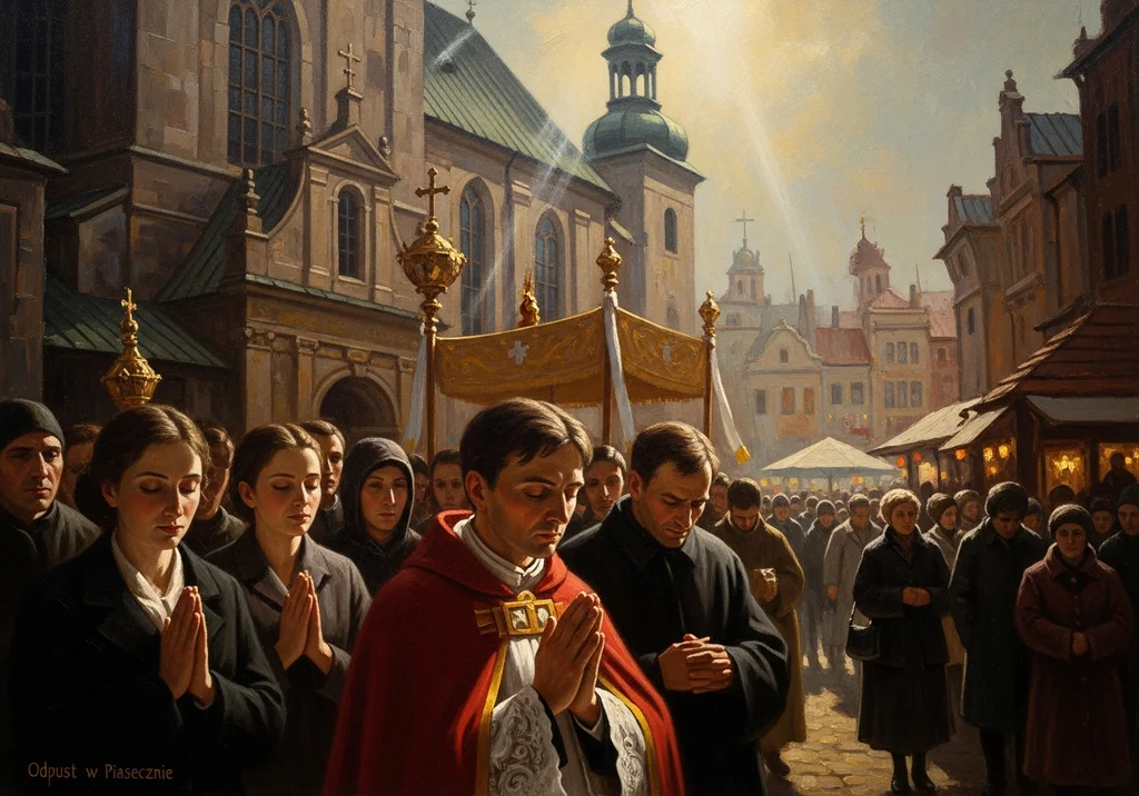 Uroczysta procesja religijna w Piasecznie: kapłan w szatach liturgicznych niesie monstrancję pod baldachimem wśród wiernych.