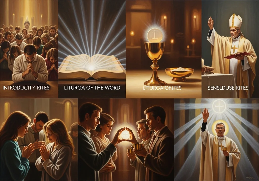 Grafika prezentująca etapy Mszy Świętej: obrzędy wstępne, Liturgię Słowa, Eucharystię, błogosławieństwo oraz modlitwę wiernych.