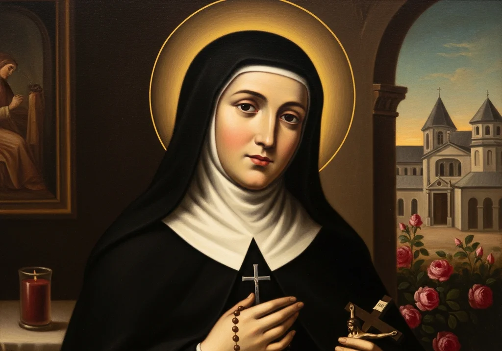 Portret św. Rity w habicie augustiańskim, trzymającej różaniec i krzyż, z budynkiem klasztoru i różami w tle.