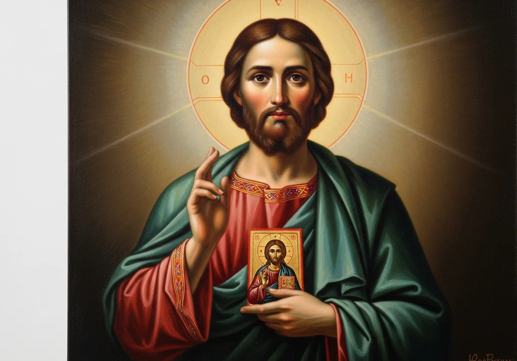 Ikona Jezusa Chrystusa trzymającego w dłoni mniejszy wizerunek świętego.