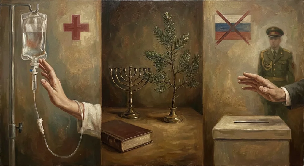 Symboliczna grafika: dłoń odrzucająca kroplówkę, symbole świąteczne (menora, choinka, Biblia) oraz dłoń odrzucająca głosowanie.