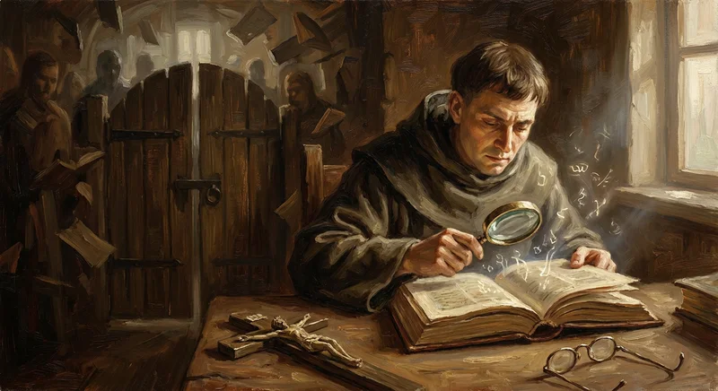 Mnich badający księgę przez lupę, z której unoszą się świecące litery. Na stole leżą krucyfiks i okulary.