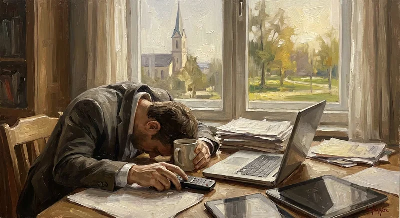 Zmęczony mężczyzna w garniturze śpi z głową na biurku pełnym dokumentów i laptopów, za oknem widać kościół.