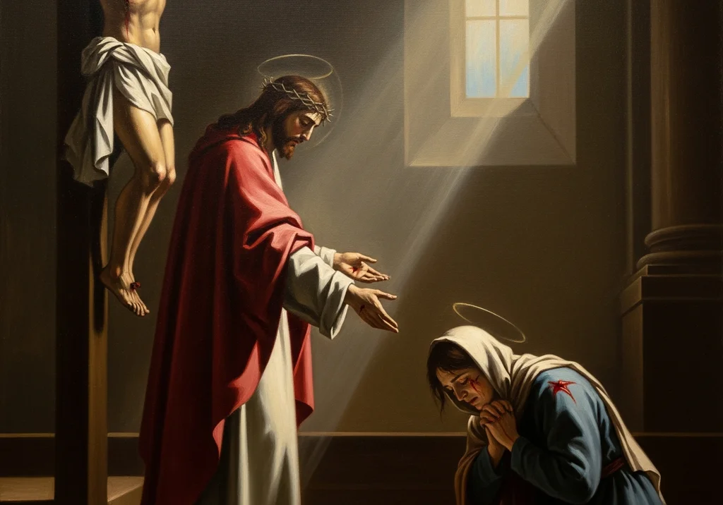 Jezus Chrystus z ranami na dłoniach, pocieszający klęczącą, cierpiącą kobietę przed postacią ukrzyżowanego.