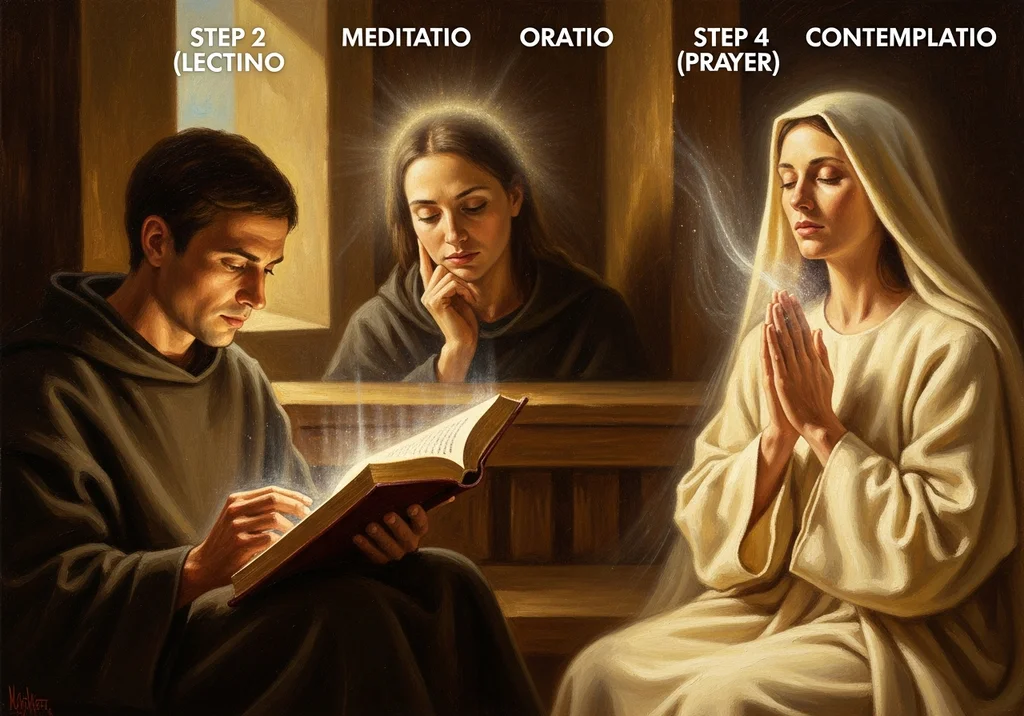 Cztery etapy Lectio Divina: czytanie księgi przez mnicha, rozważanie, modlitwa i kontemplacja w sakralnym wnętrzu.
