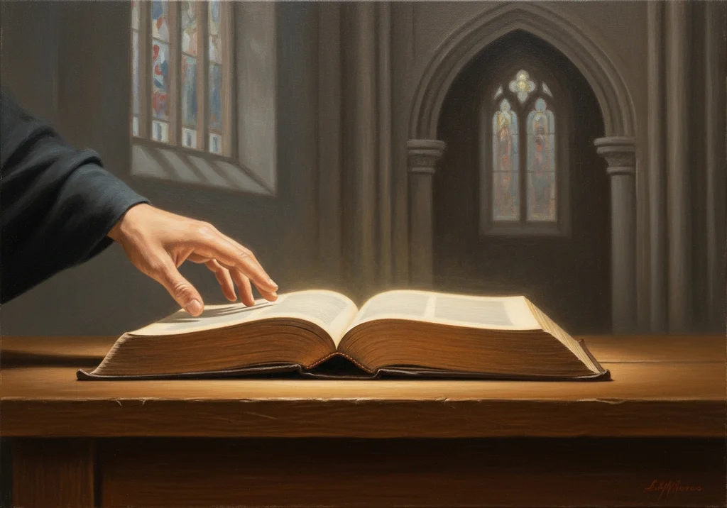 Otwarta Biblia leżąca na drewnianym stole, nad którą unosi się dłoń osoby w ciemnym stroju wewnątrz kościoła.