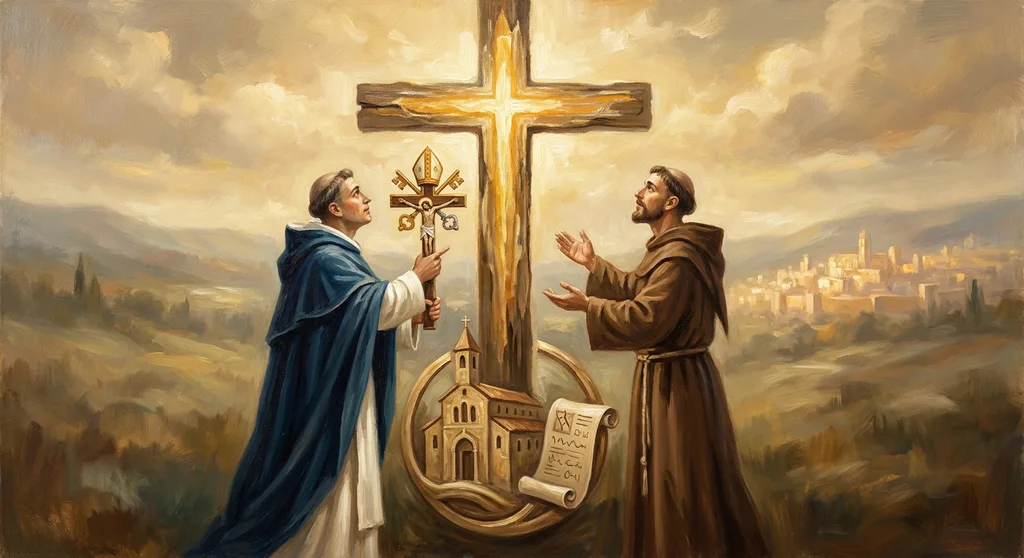 Dwaj mnisi, dominikanin z krzyżem papieskim i franciszkanin, wpatrzeni w jaśniejący krzyż na tle pejzażu z kościołem i miastem.
