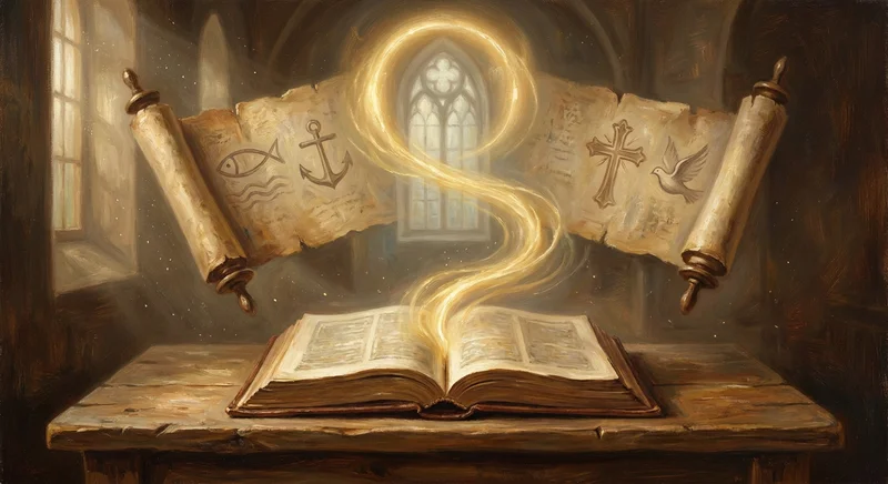Otwarta Biblia na stole, z której unosi się złota smuga światła ku zwojom z symbolami ryby, kotwicy, krzyża i gołębicy.
