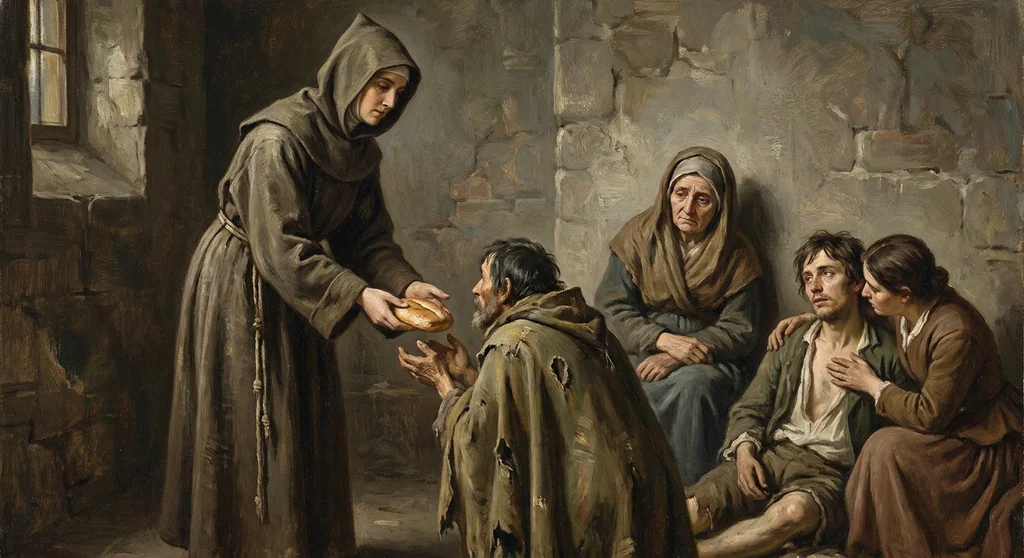 Kobieta w brązowym habicie franciszkańskim podaje bochenek chleba ubogim, klęczącym i siedzącym w ponurym, kamiennym wnętrzu.