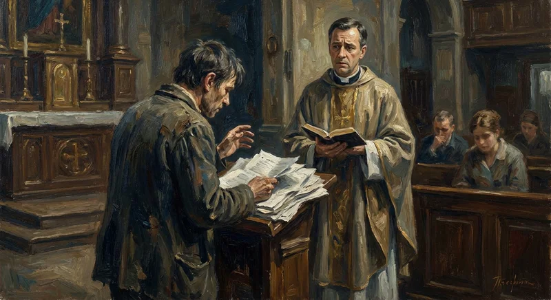 Mężczyzna czyta z nieuporządkowanych kartek przy ambonie obok zaniepokojonego księdza w kościele.