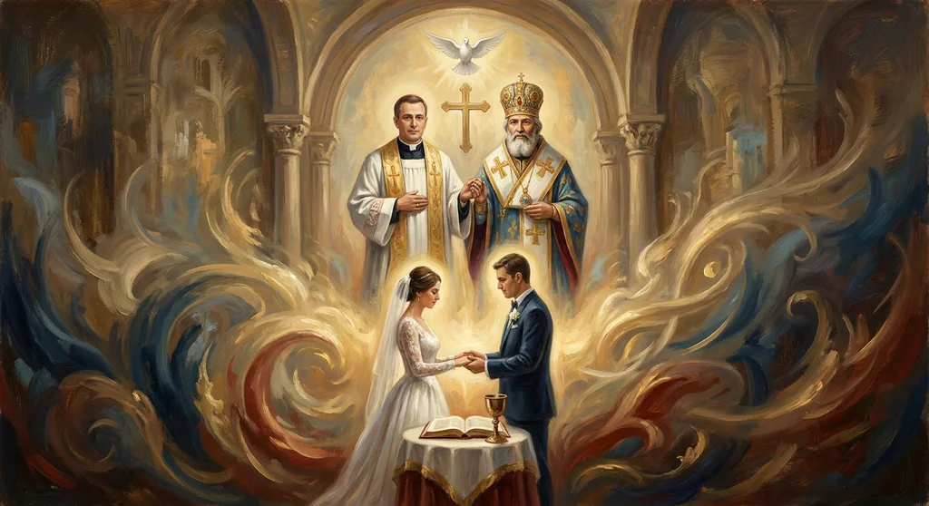 Para młoda przed ołtarzem, błogosławiona wspólnie przez księdza katolickiego i duchownego prawosławnego.