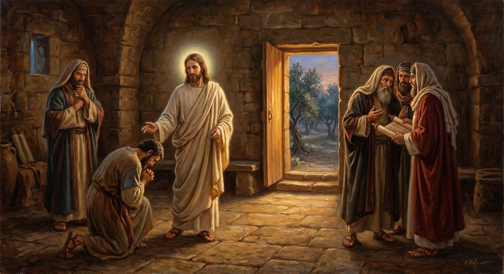 Jezus błogosławi klęczącego przed Nim mężczyznę w obecności uczniów w kamiennej komnacie.