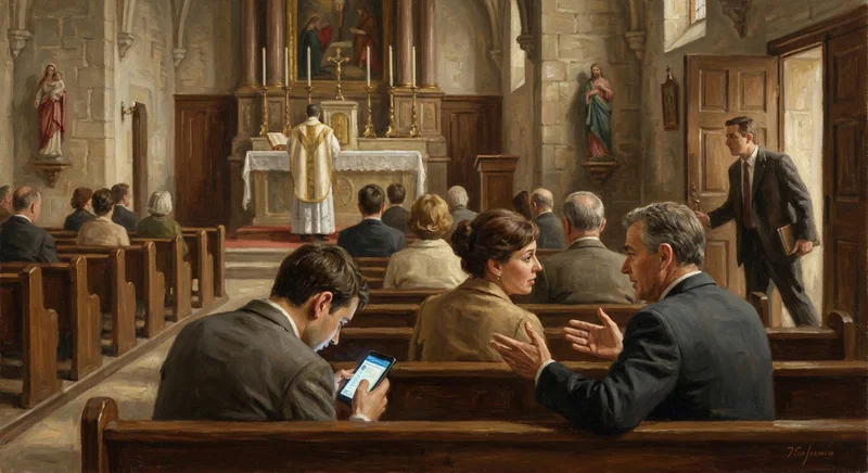 Wierni rozproszeni podczas liturgii w kościele; mężczyzna w ławce patrzy w świecący ekran smartfona.